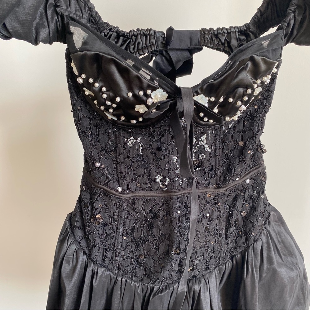 For Love And Lemons Black Embellished Puff-Sleeve Bubble Mini Dress - Picture 6 of 12